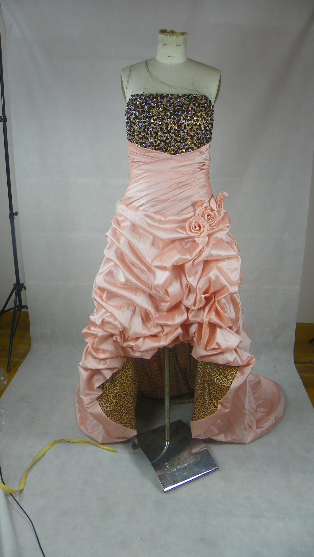 Peach & Leopard Crystal High-Low Ball Gown