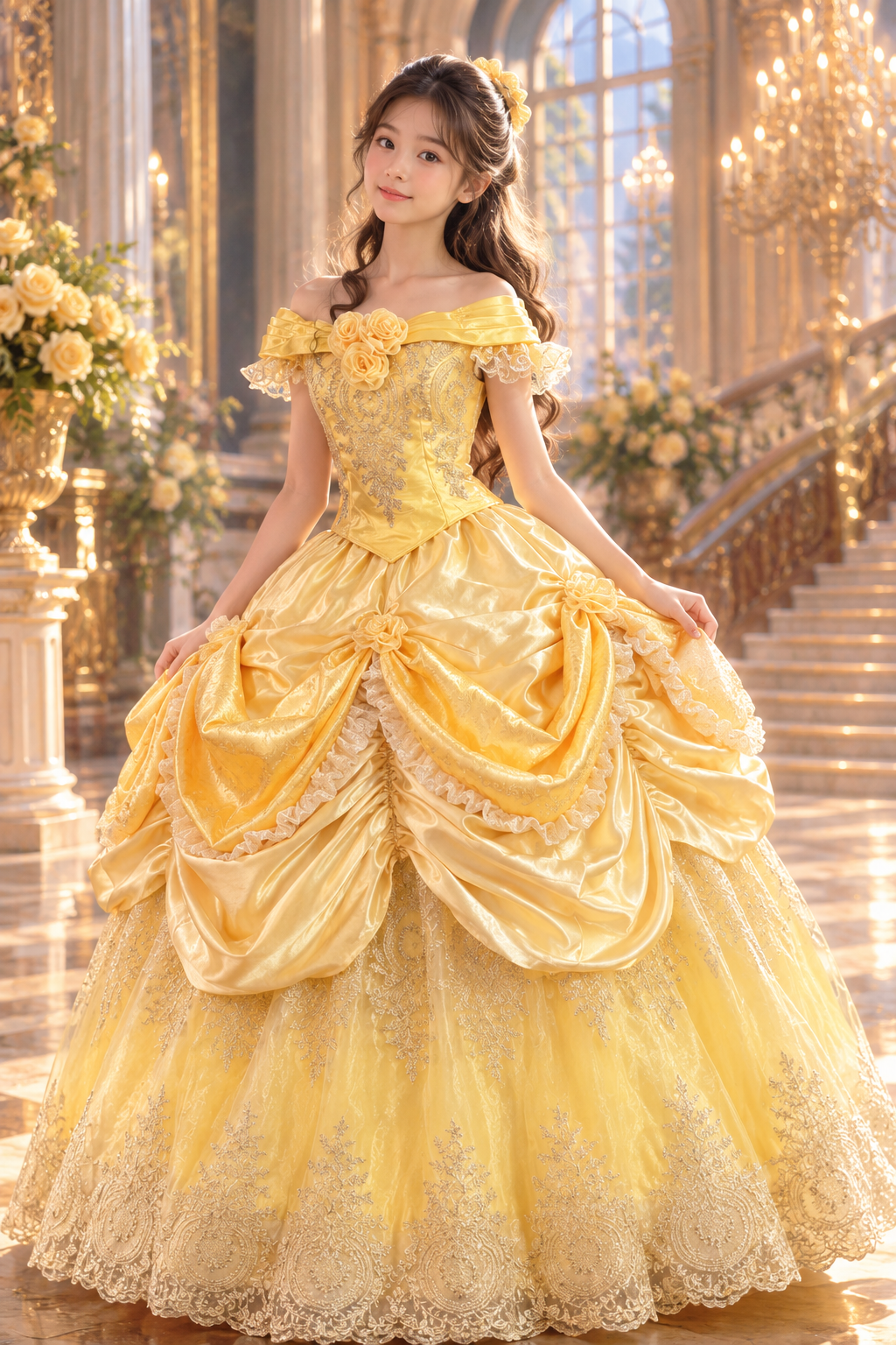 Disney Inspired Belle Beauty and Beast Golden Fairytale Princess Ball Gown