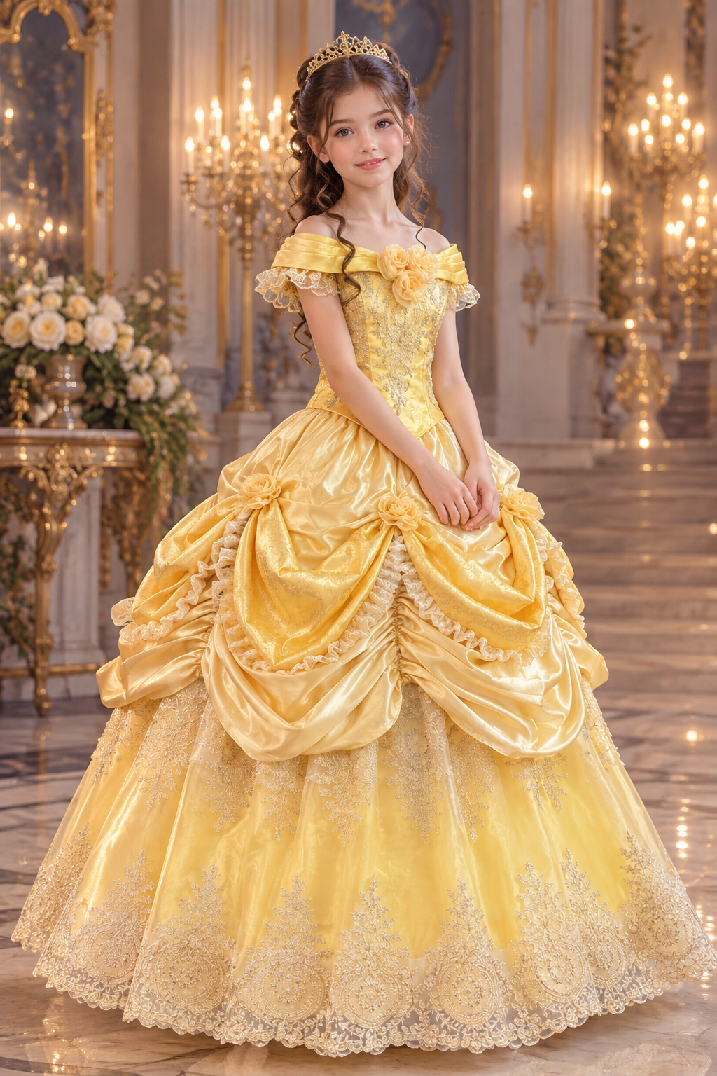 Disney Inspired Belle Beauty and Beast Golden Fairytale Princess Ball Gown