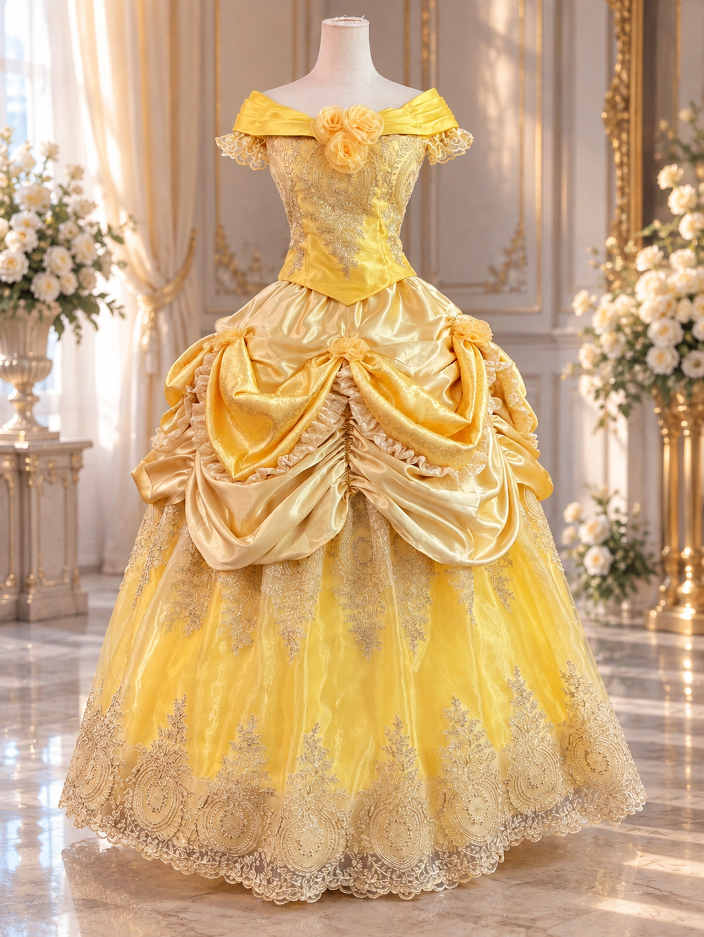 Disney Inspired Belle Beauty and Beast Golden Fairytale Princess Ball Gown
