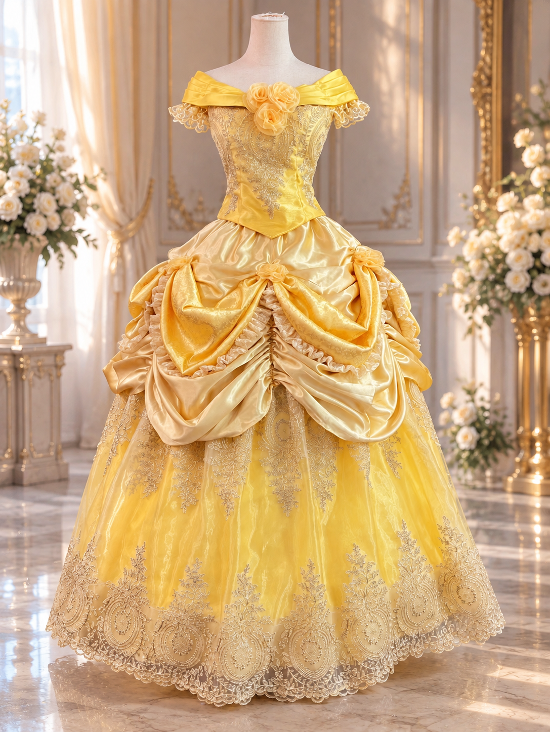 Disney Inspired Belle Beauty and Beast Golden Fairytale Princess Ball Gown