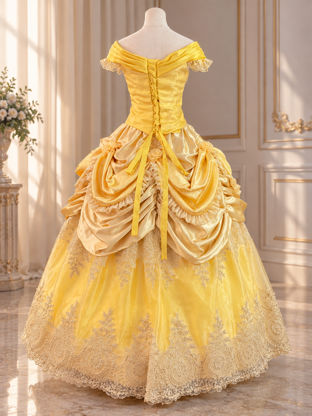 Disney Inspired Belle Beauty and Beast Golden Fairytale Princess Ball Gown