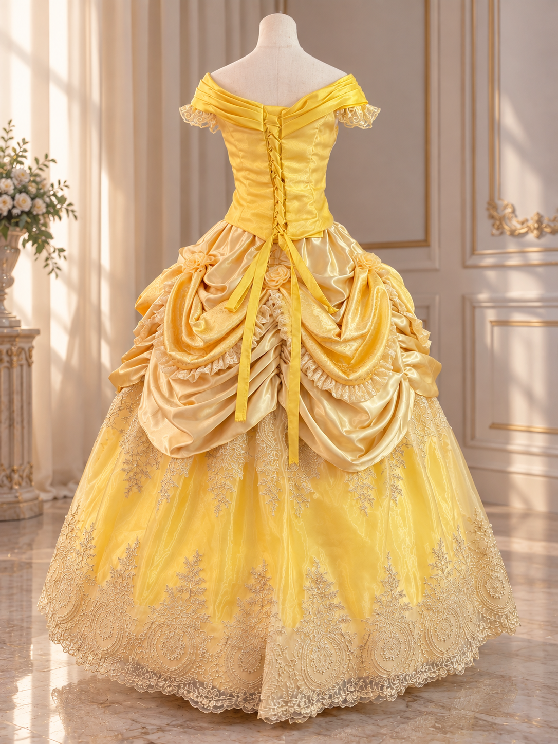 Disney Inspired Belle Beauty and Beast Golden Fairytale Princess Ball Gown