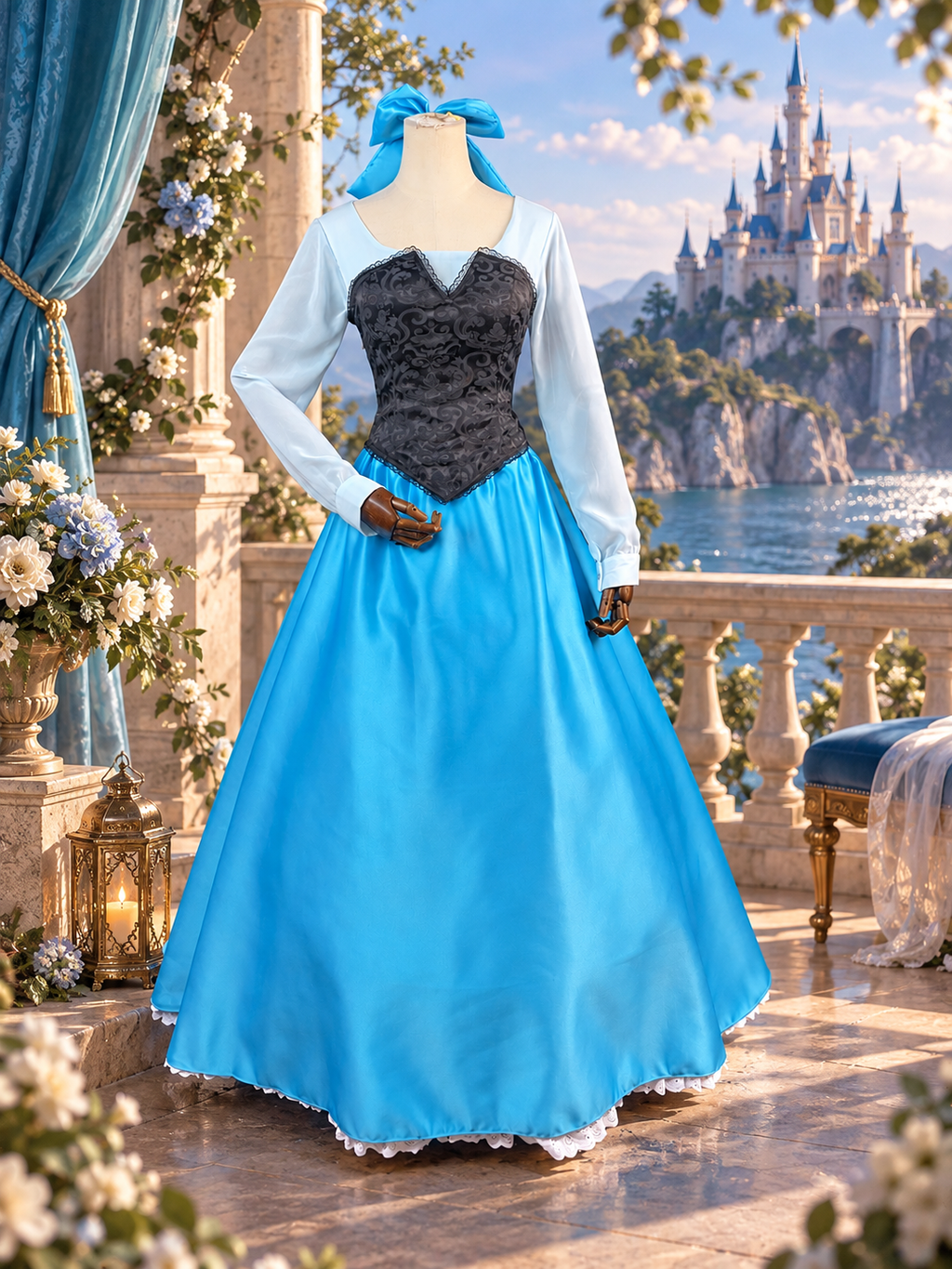 Enchanted Blue Princess Costume – Satin Gown with Black Corset Ariel Inspired