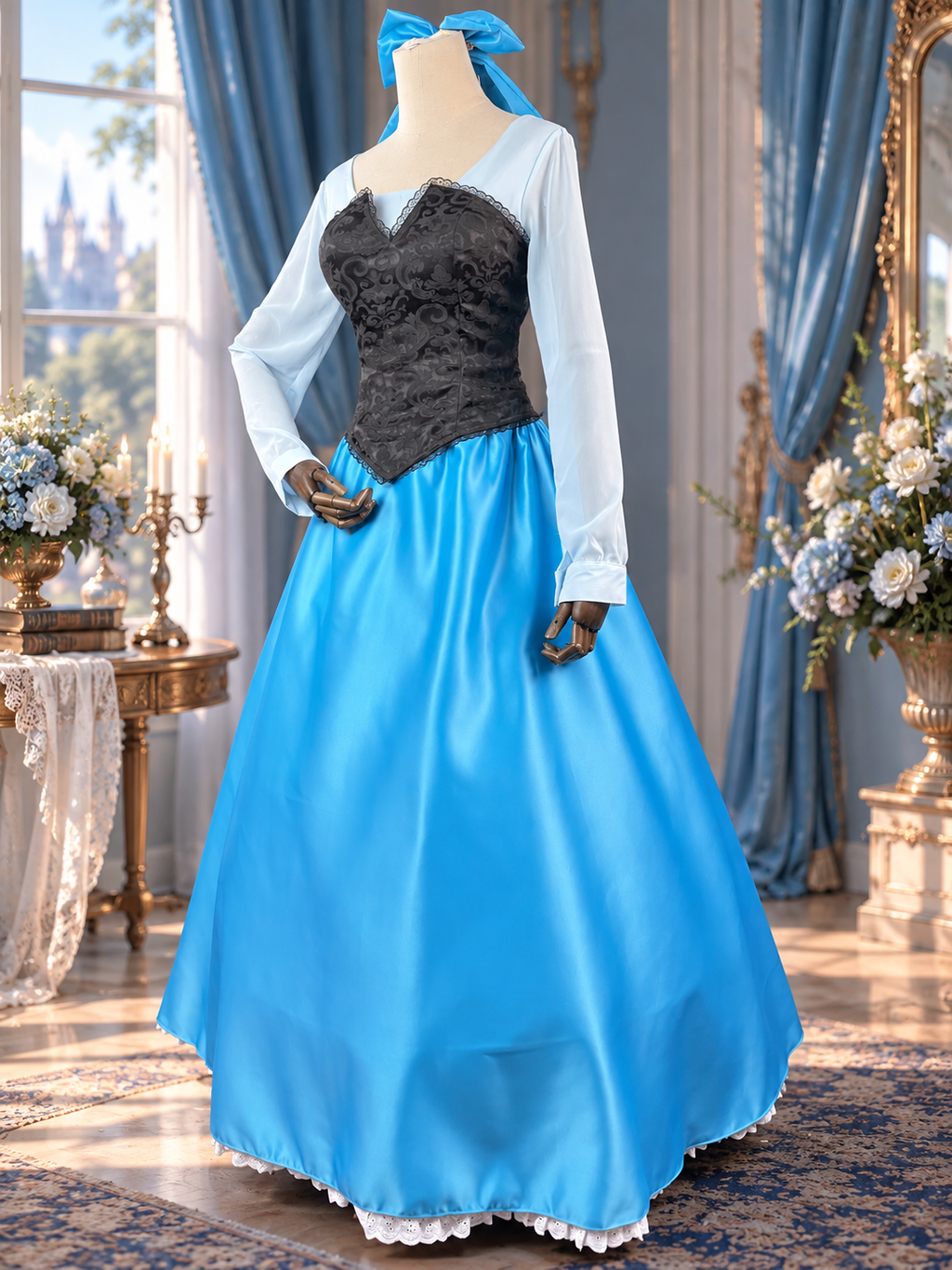 Enchanted Blue Princess Costume – Satin Gown with Black Corset Ariel Inspired