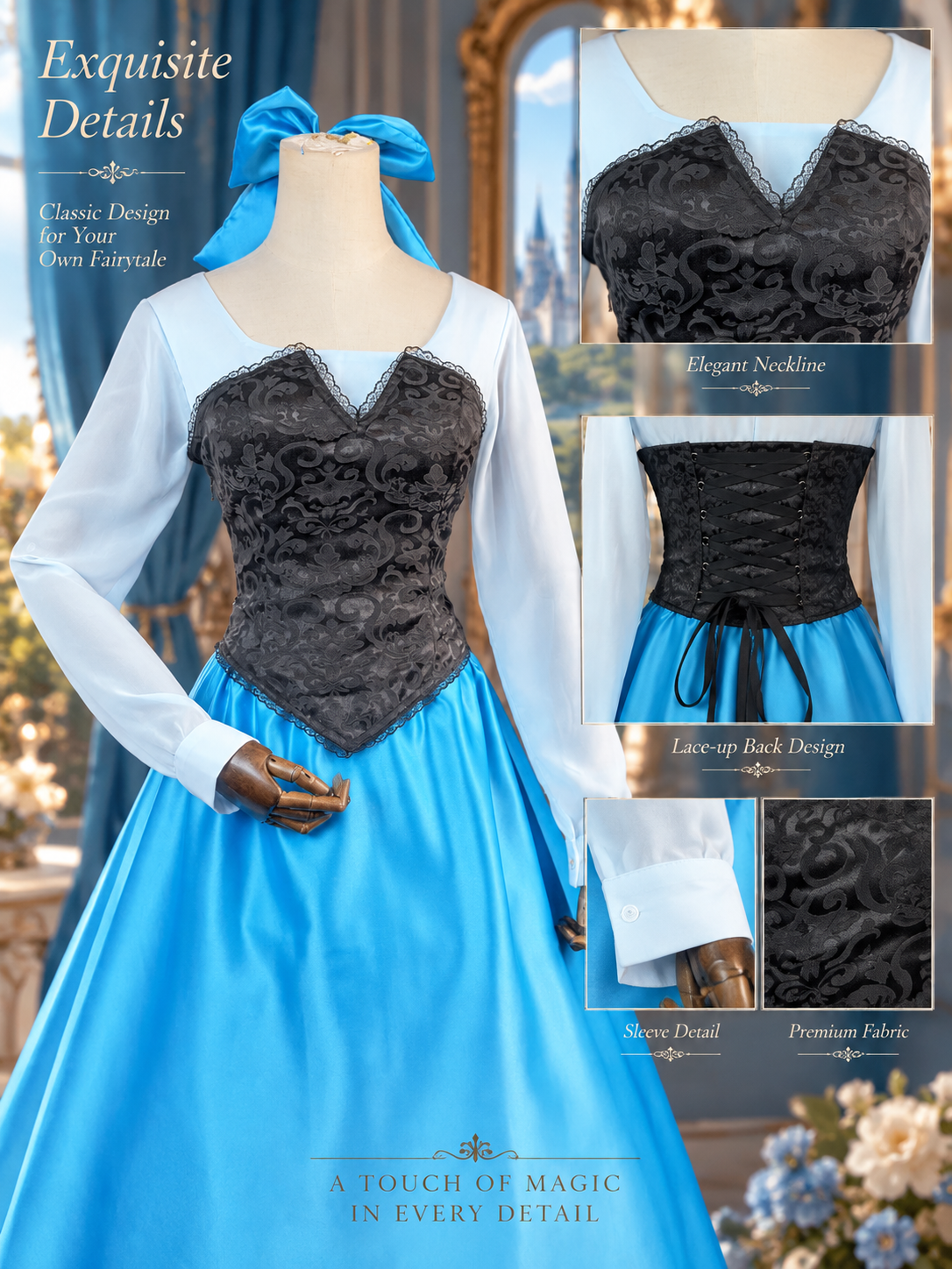 Enchanted Blue Princess Costume – Satin Gown with Black Corset Ariel Inspired