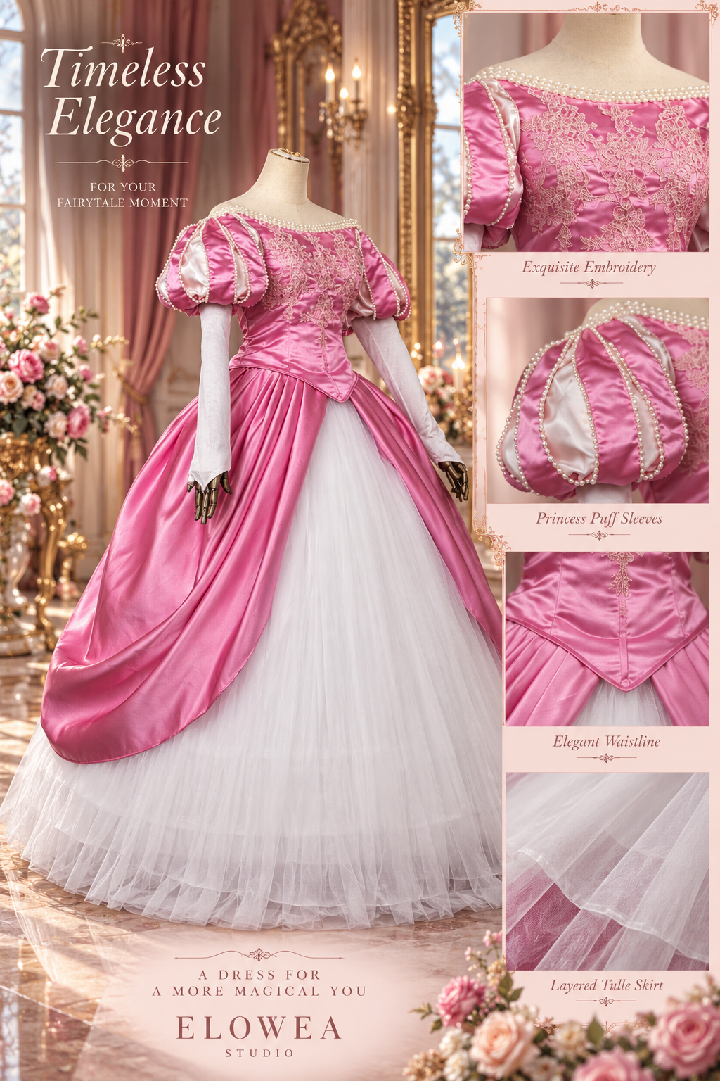 Rose Pearl Princess Gown – Pink Satin Fairytale Dress-Movie inspired Ariel Pink Dress