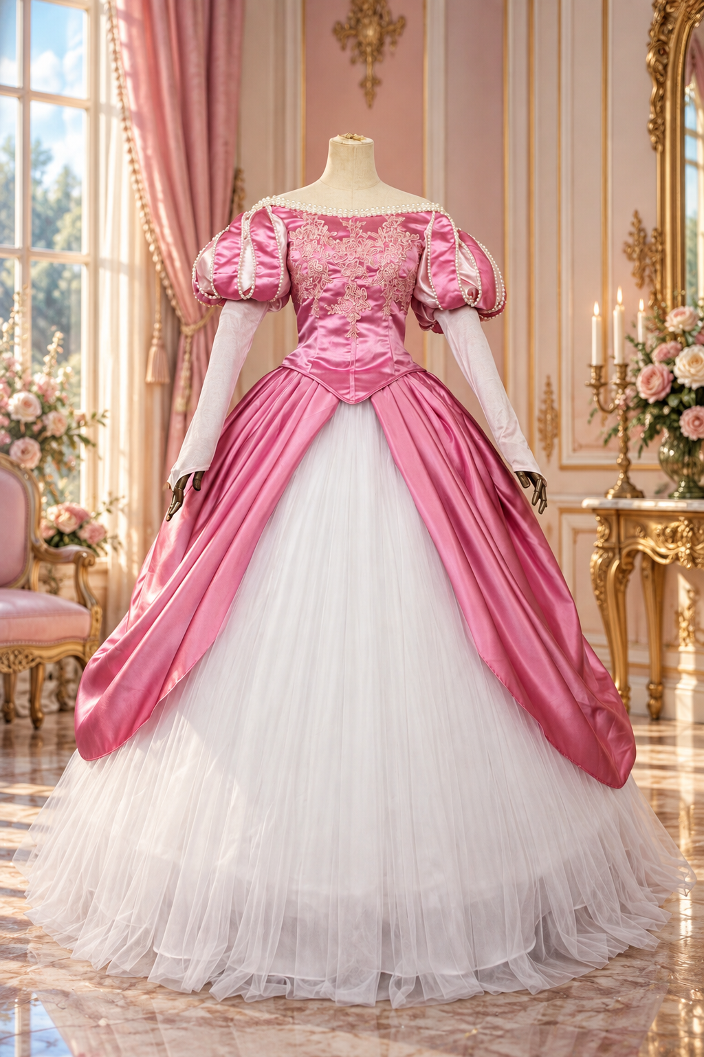 Rose Pearl Princess Gown – Pink Satin Fairytale Dress-Movie inspired Ariel Pink Dress