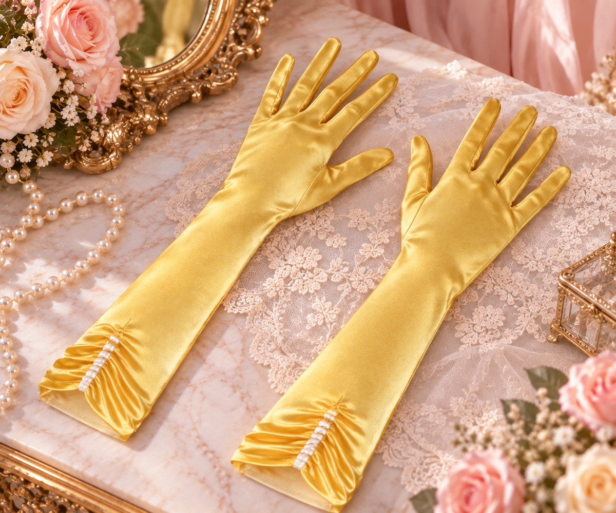 Golden Satin Opera Gloves – Long Princess Costume Gloves Matching Belle Costume