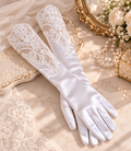 Pearl & Lace Bridal Gloves – White Satin Long Gloves