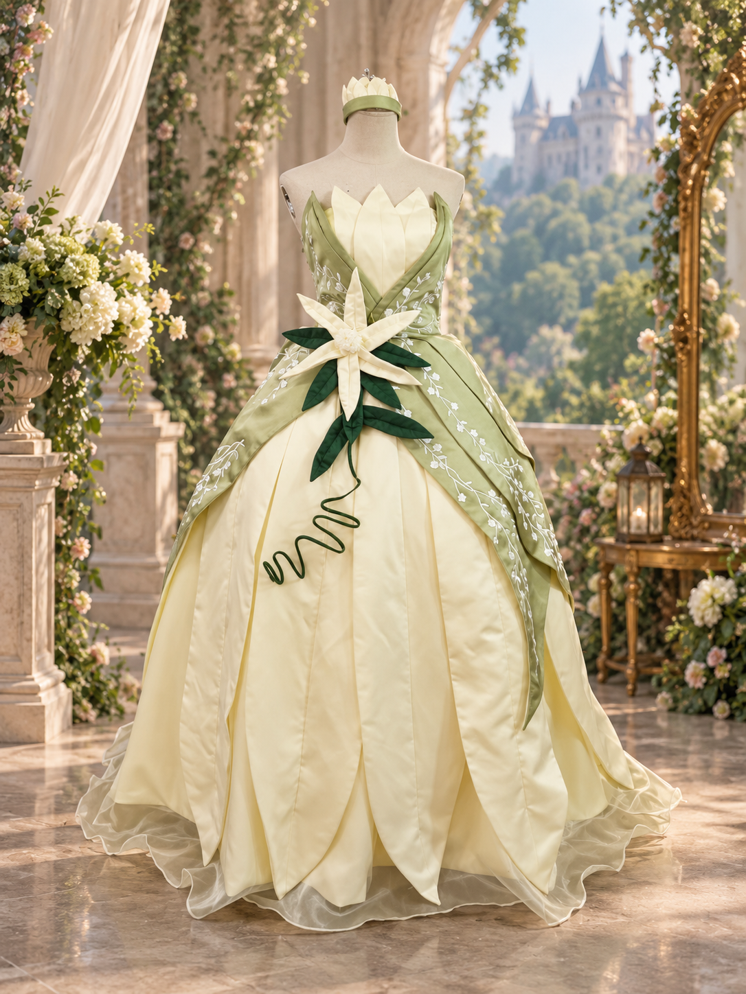Enchanted Lily Princess Gown – Green & Ivory Fairytale Costume - Movie Inspired Tiana Costume