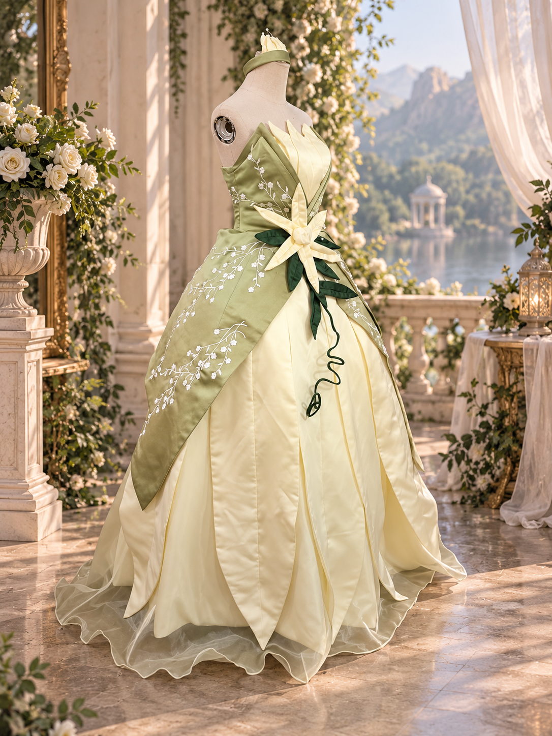 Enchanted Lily Princess Gown – Green & Ivory Fairytale Costume - Movie Inspired Tiana Costume