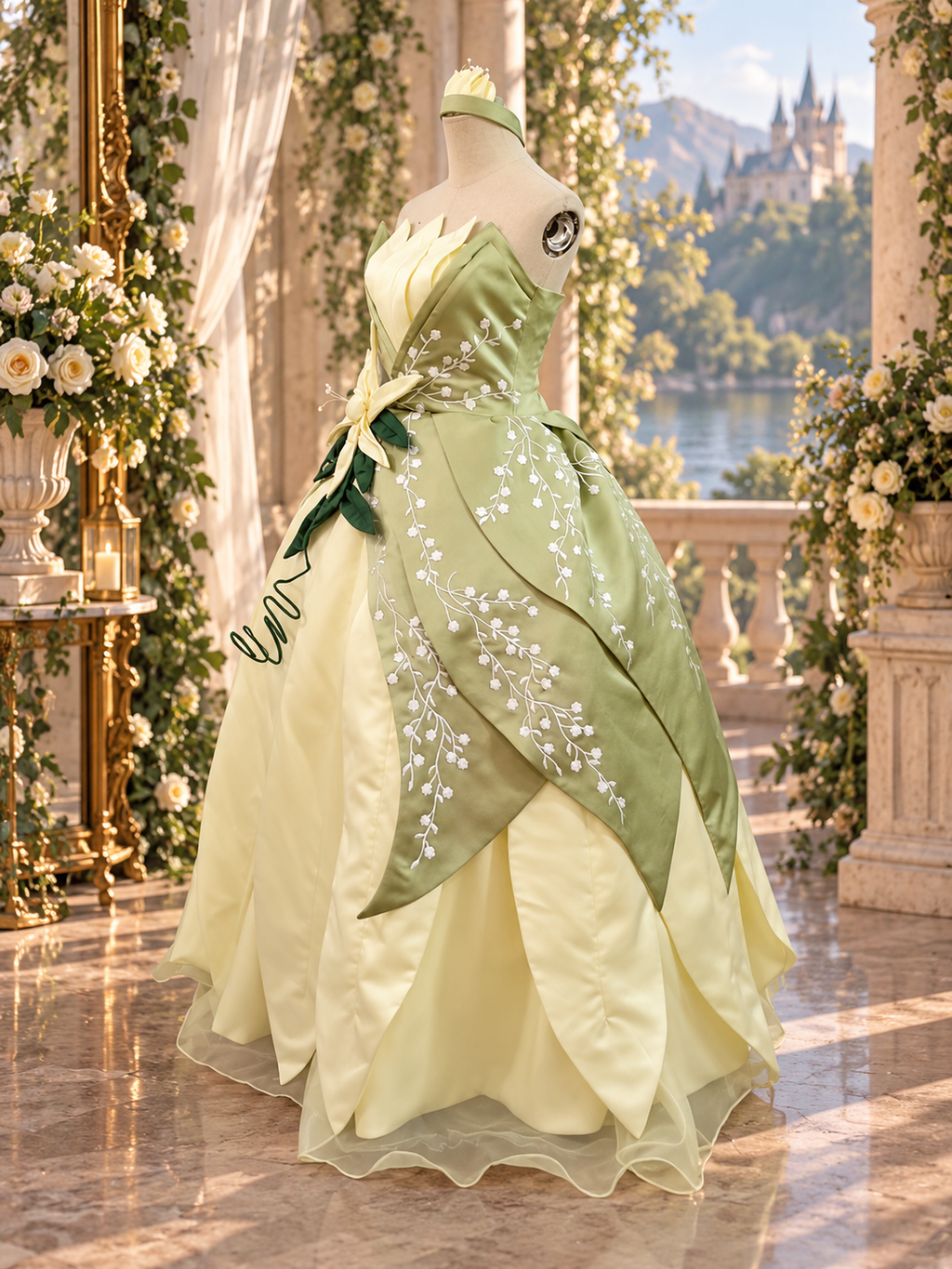 Enchanted Lily Princess Gown – Green & Ivory Fairytale Costume - Movie Inspired Tiana Costume