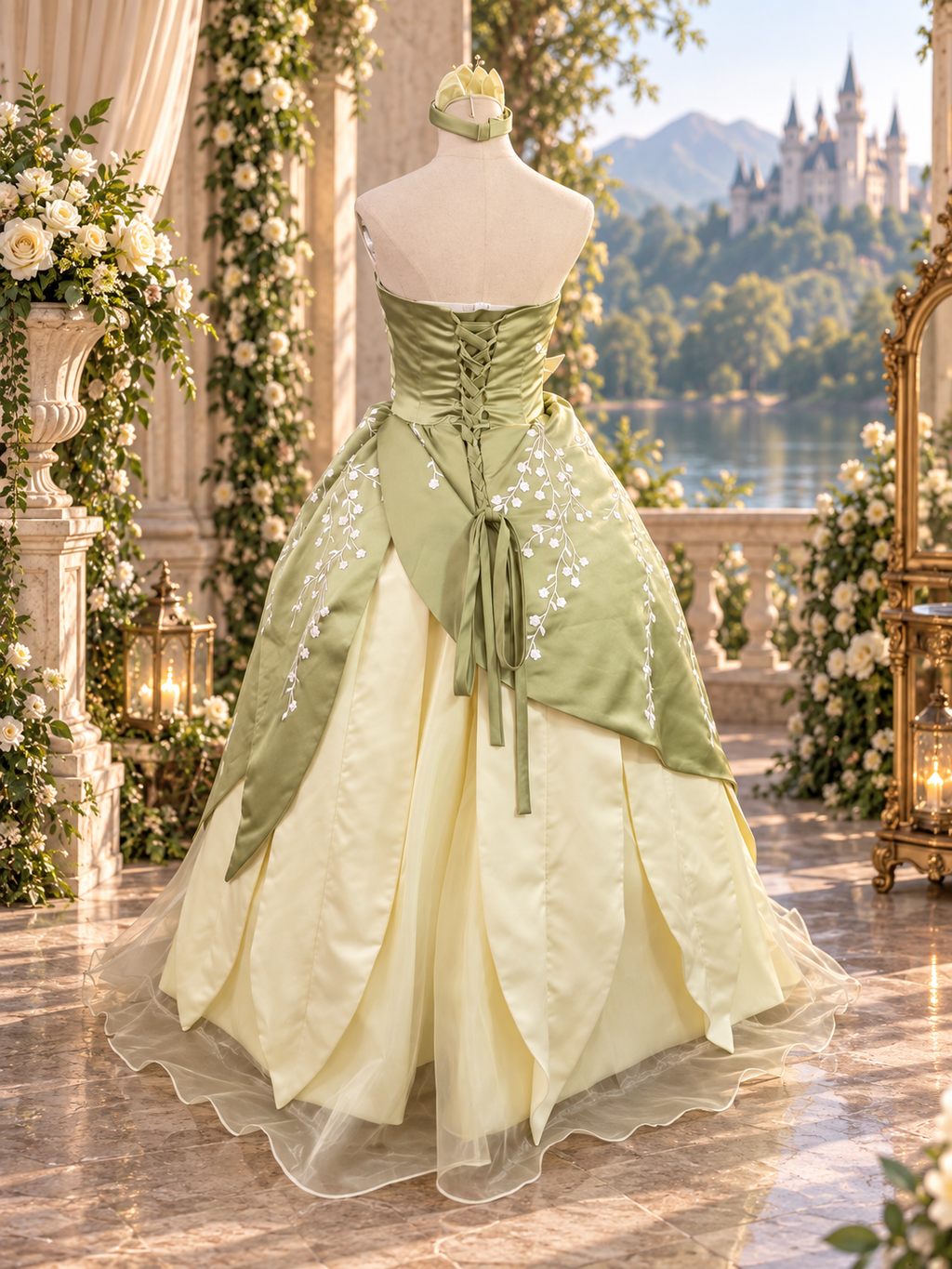 Enchanted Lily Princess Gown – Green & Ivory Fairytale Costume - Movie Inspired Tiana Costume