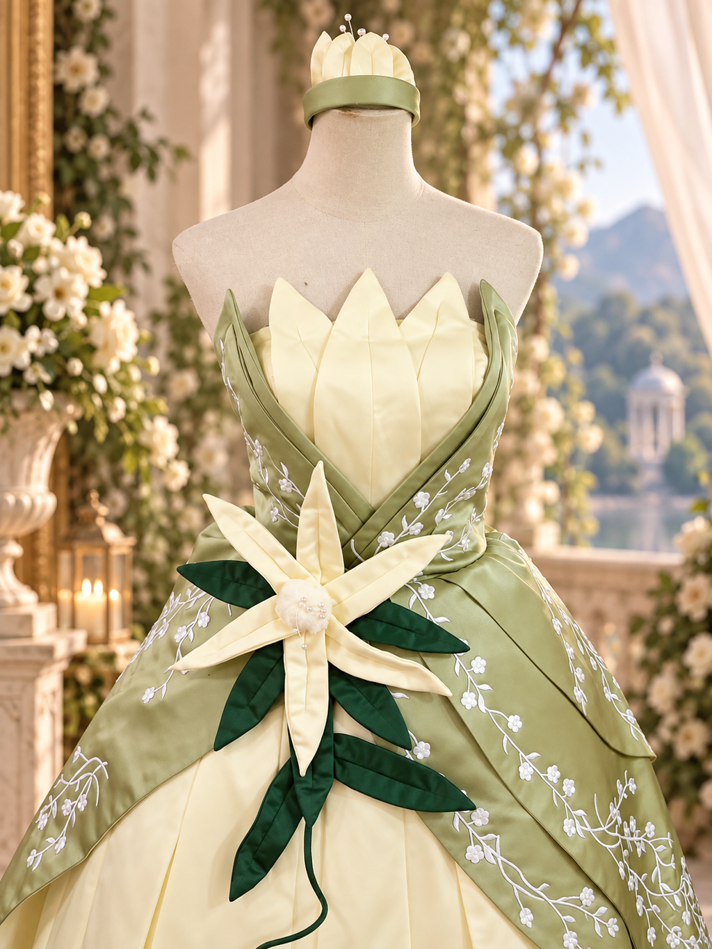 Enchanted Lily Princess Gown – Green & Ivory Fairytale Costume - Movie Inspired Tiana Costume