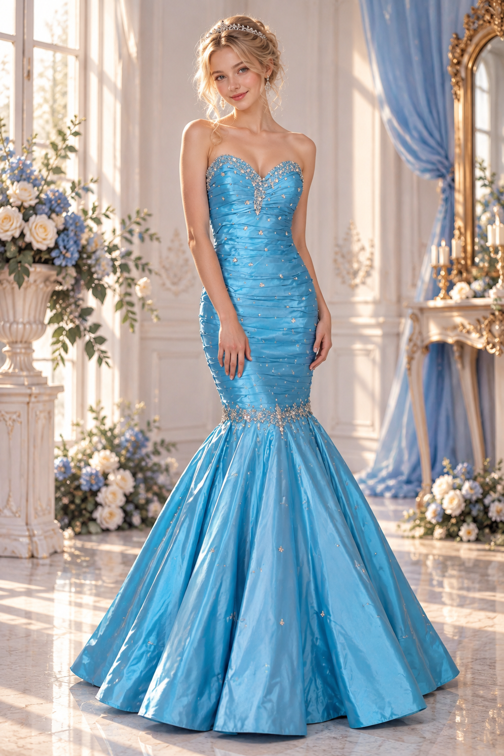 Aqua Blue Crystal Mermaid Prom Dress – Strapless Sweetheart Evening Gown