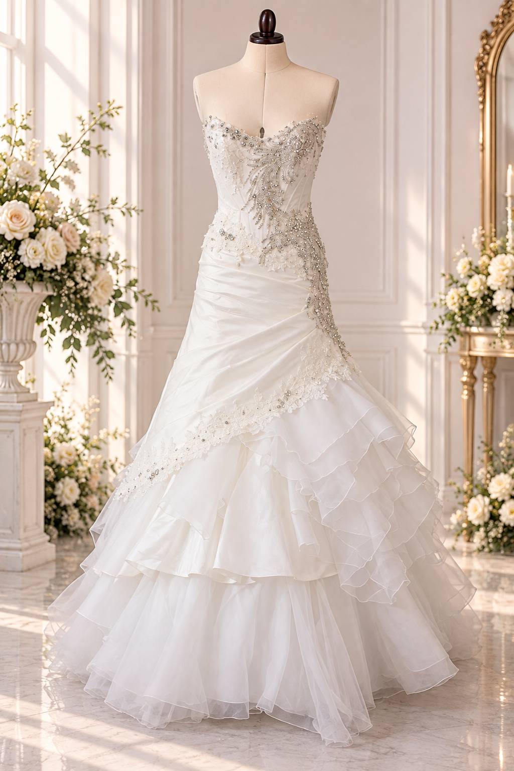Ivory Crystal Mermaid Gown – Strapless Sweetheart Corset Prom & Bridal Dress
