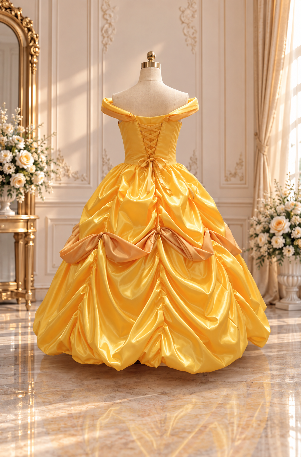 Golden Storybook Princess Ball Gown – Off-Shoulder Satin Fairytale Dress