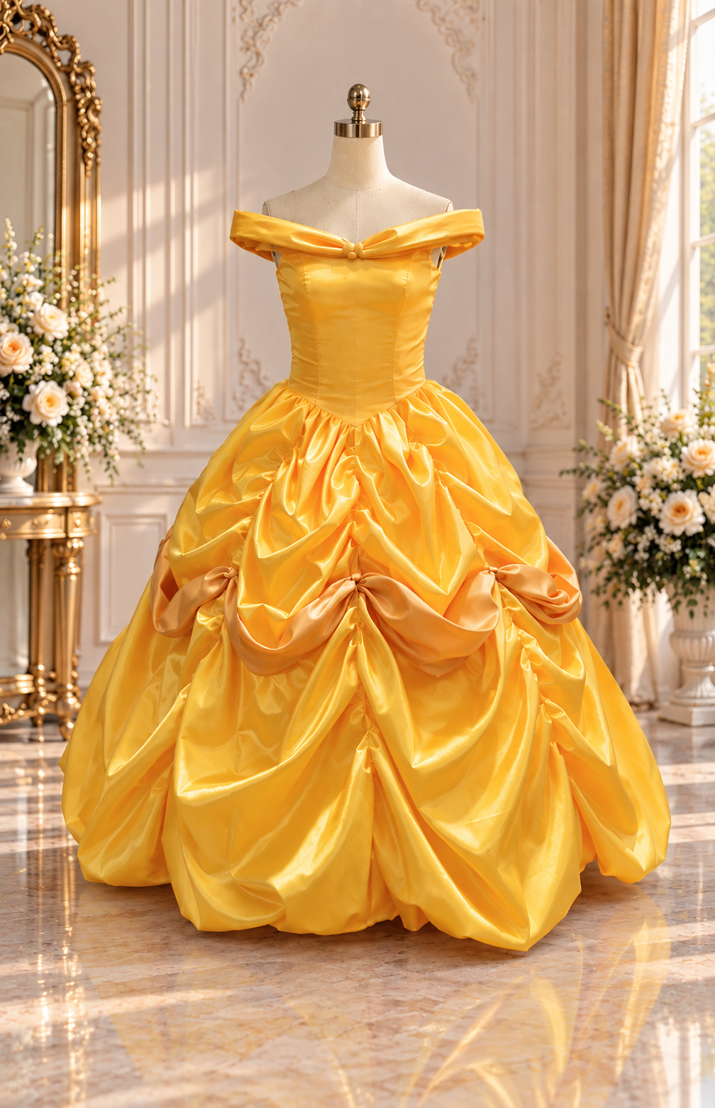 Golden Storybook Princess Ball Gown – Off-Shoulder Satin Fairytale Dress
