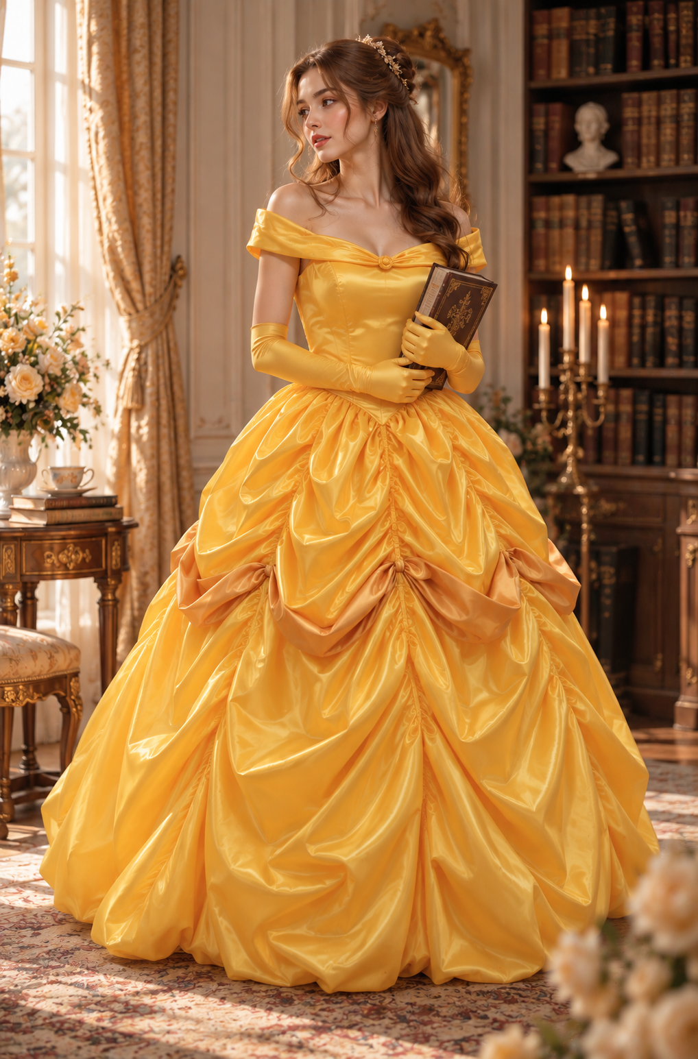 Golden Storybook Princess Ball Gown – Off-Shoulder Satin Fairytale Dress