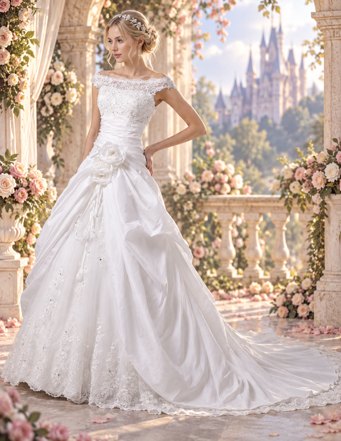 Classic Off-Shoulder Lace Bridal Ball Gown with Floral Detail