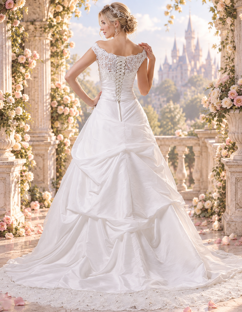 Classic Off-Shoulder Lace Bridal Ball Gown with Floral Detail