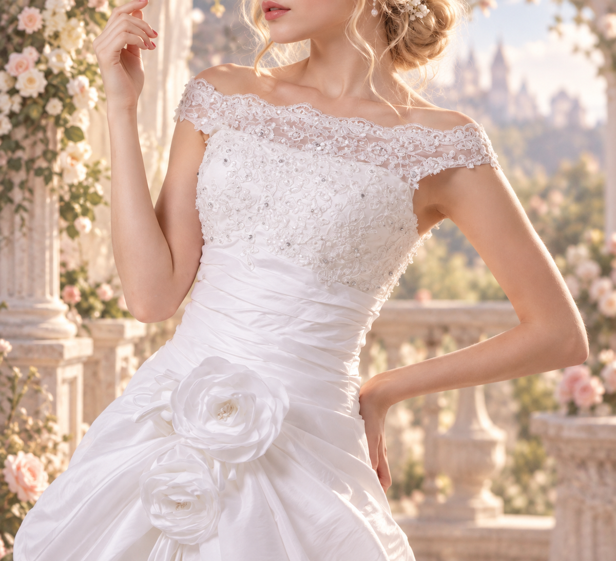 Classic Off-Shoulder Lace Bridal Ball Gown with Floral Detail