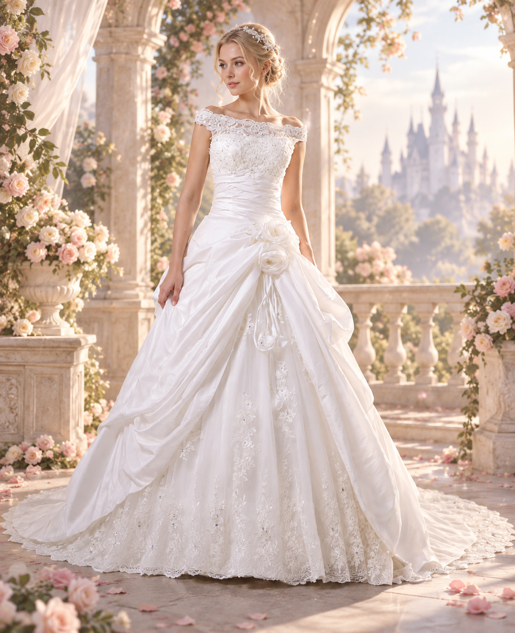 Classic Off-Shoulder Lace Bridal Ball Gown with Floral Detail