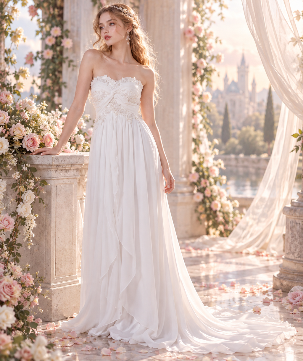Romantic Ivory Chiffon Destination Wedding Dress with Lace Bodice