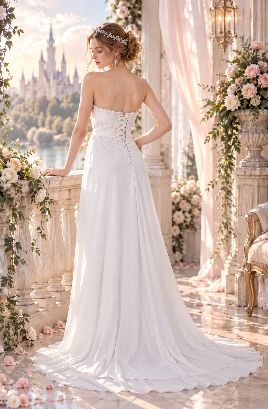 Romantic Ivory Chiffon Destination Wedding Dress with Lace Bodice