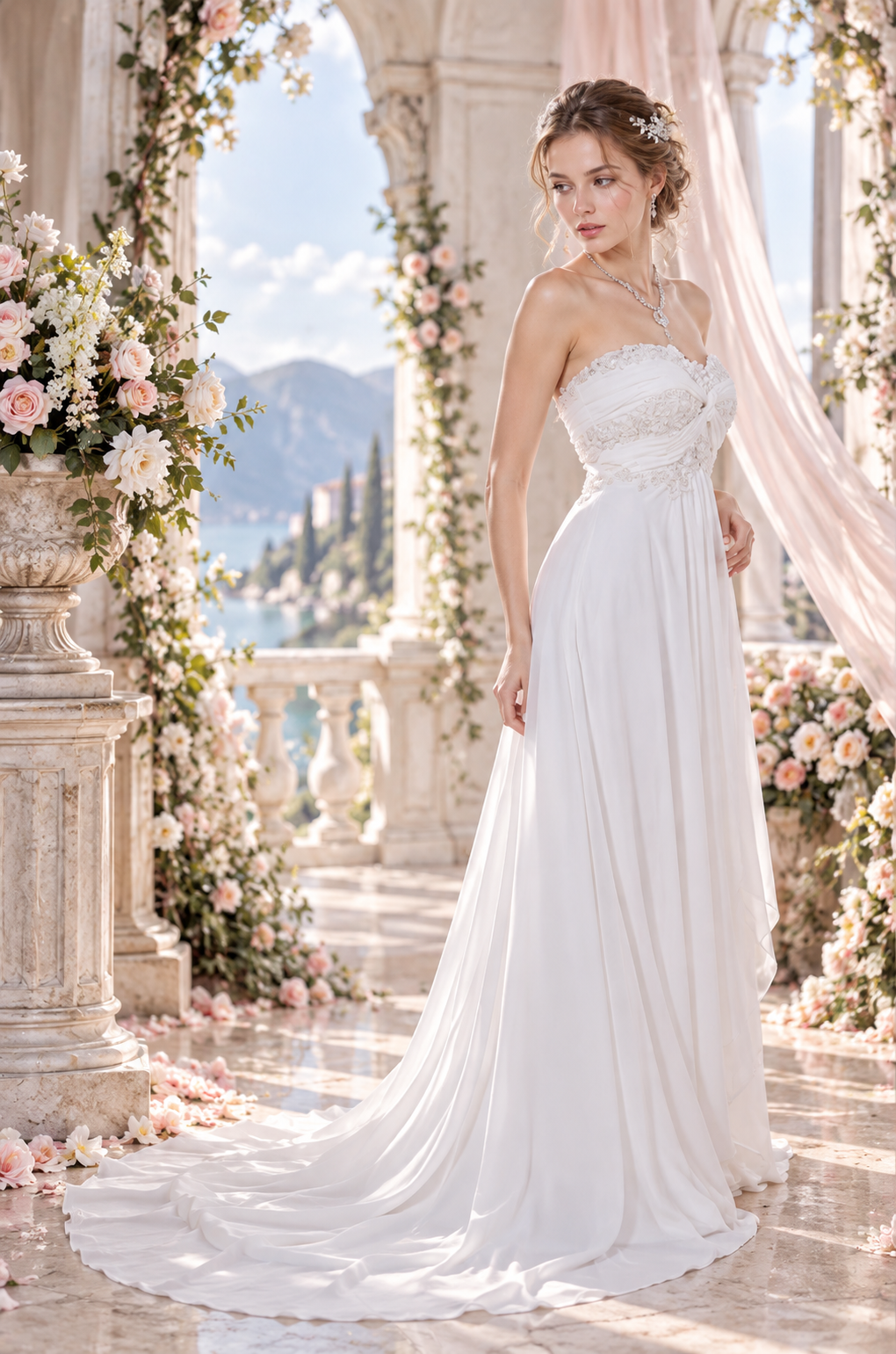 Romantic Ivory Chiffon Destination Wedding Dress with Lace Bodice