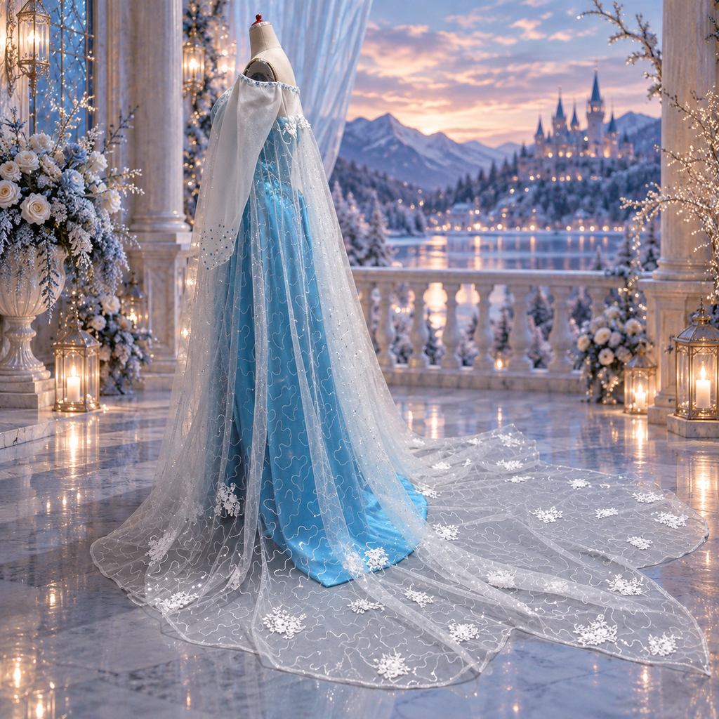 Ice Queen Inspired Blue Sequin Gown with Snowflake Cape