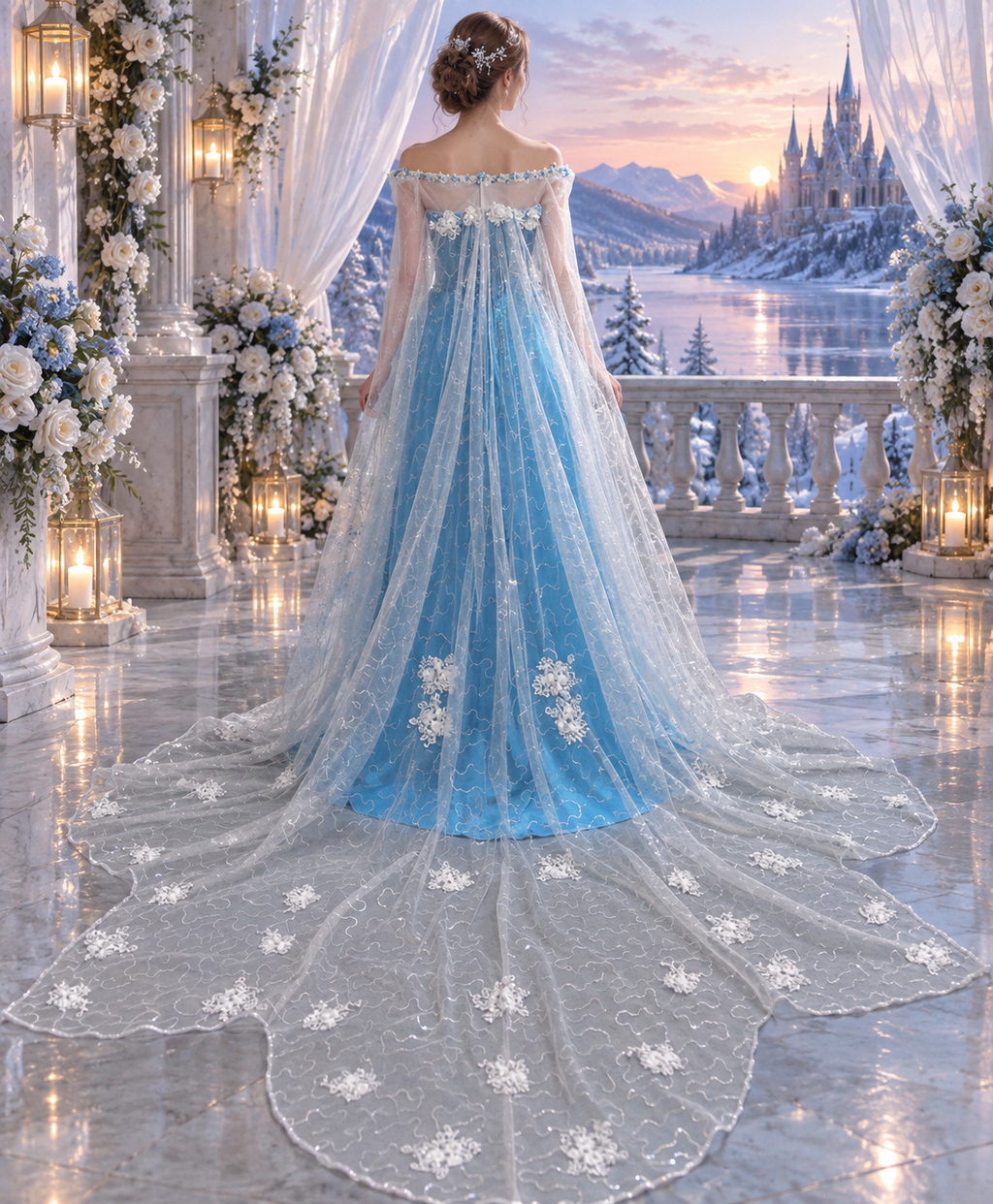 Ice Queen Inspired Blue Sequin Gown with Snowflake Cape