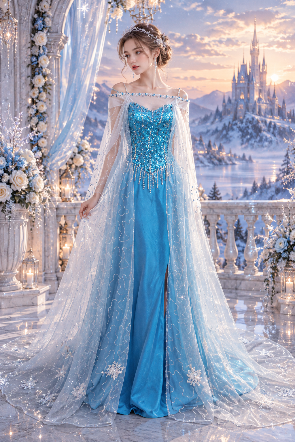 Ice Queen Inspired Blue Sequin Gown with Snowflake Cape