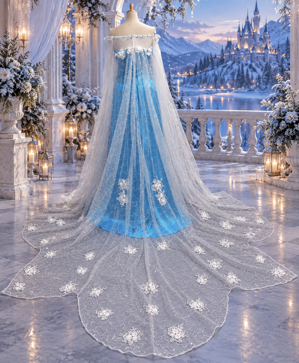 Ice Queen Inspired Blue Sequin Gown with Snowflake Cape