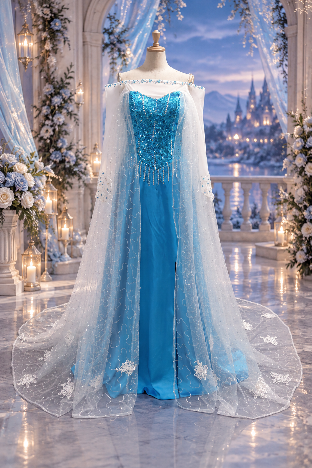 Ice Queen Inspired Blue Sequin Gown with Snowflake Cape