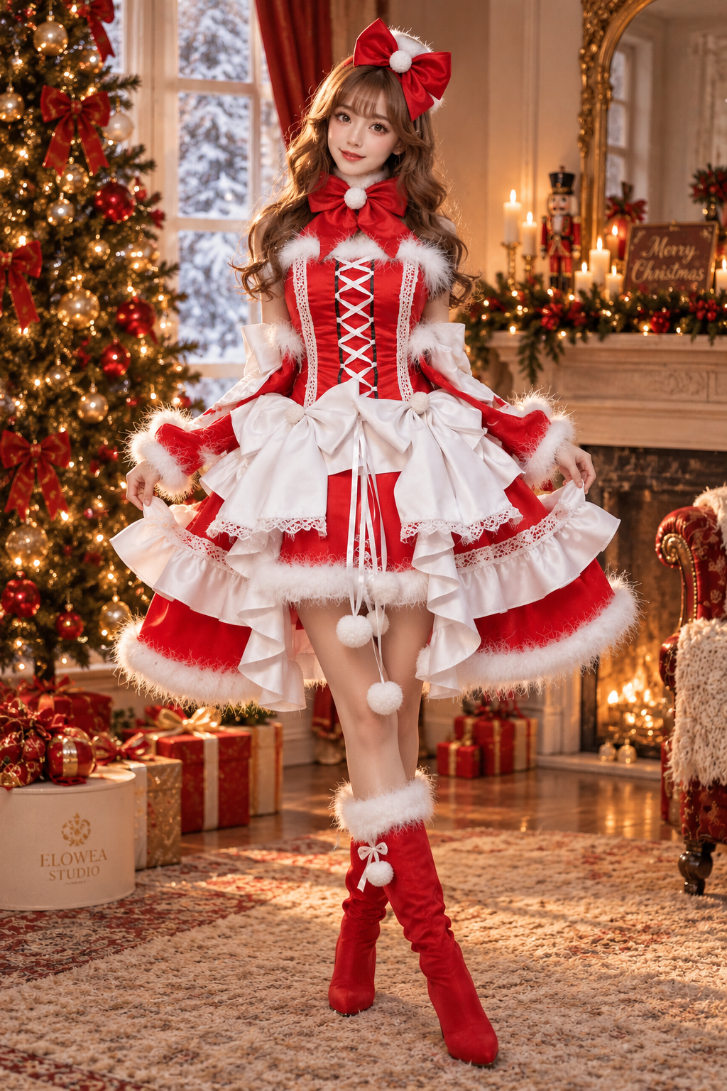 Luxury Santa‘s Elf Christmas Dress – Red & White Festive Entertainer Costume