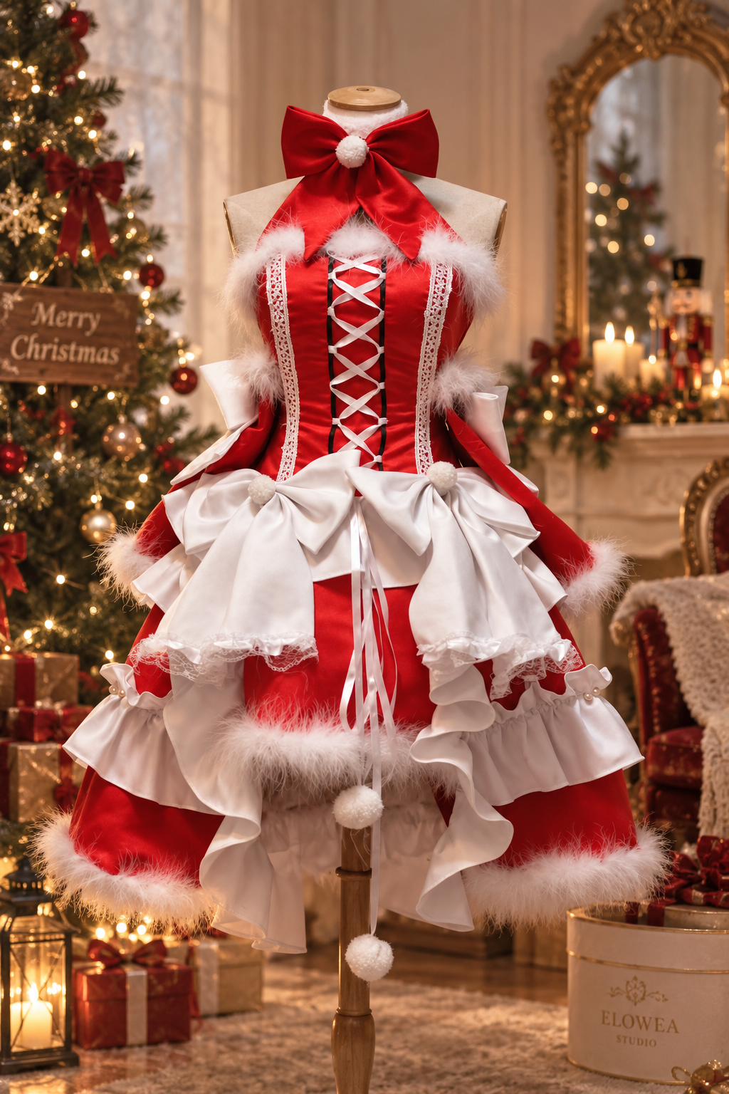 Luxury Santa‘s Elf Christmas Dress – Red & White Festive Entertainer Costume