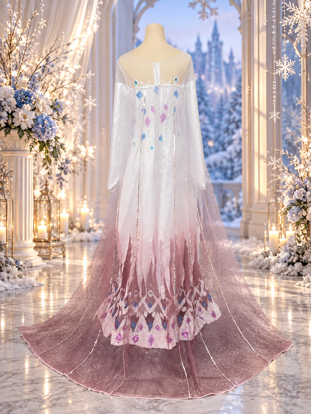 Ice Queen Inspired White & Rose Gold Gown with Sparkling Cape