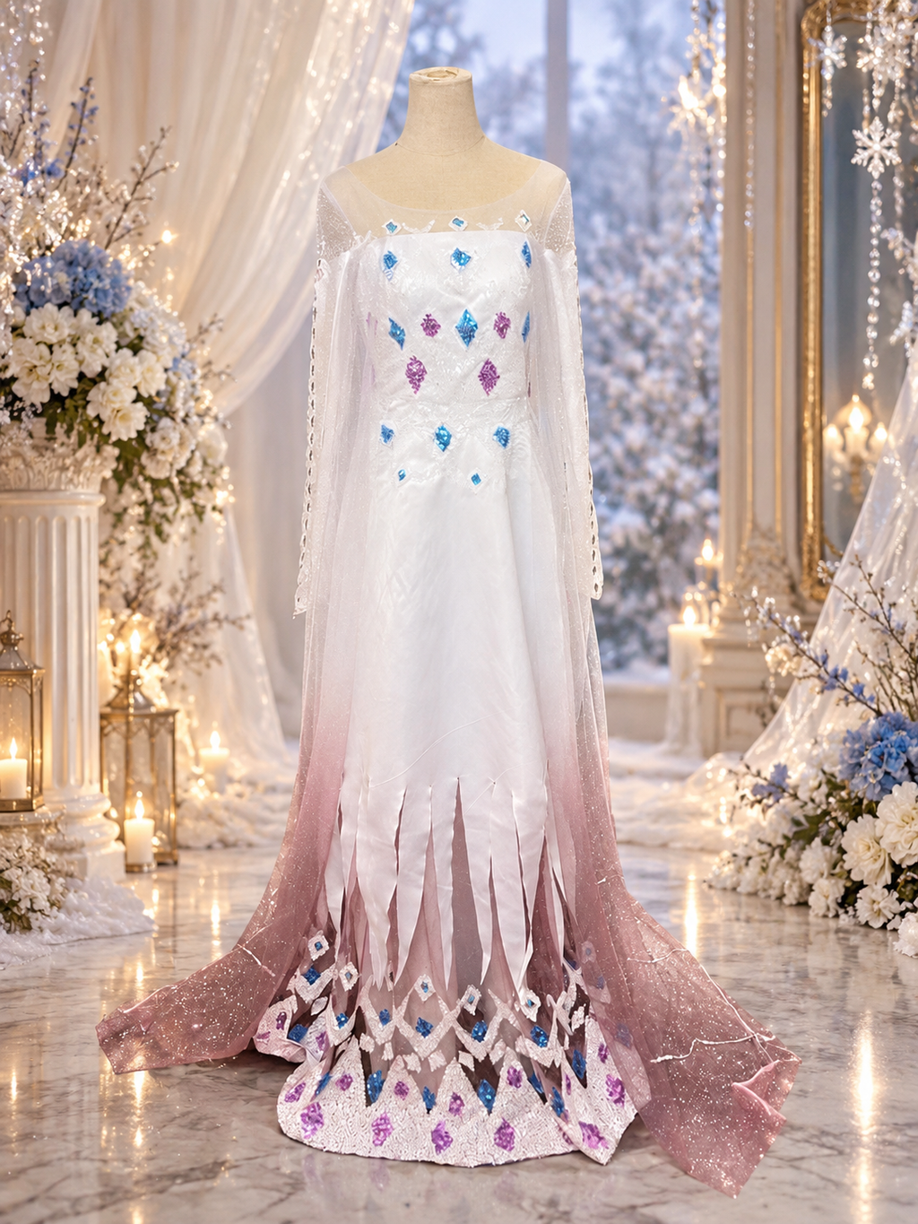 Ice Queen Inspired White & Rose Gold Gown with Sparkling Cape