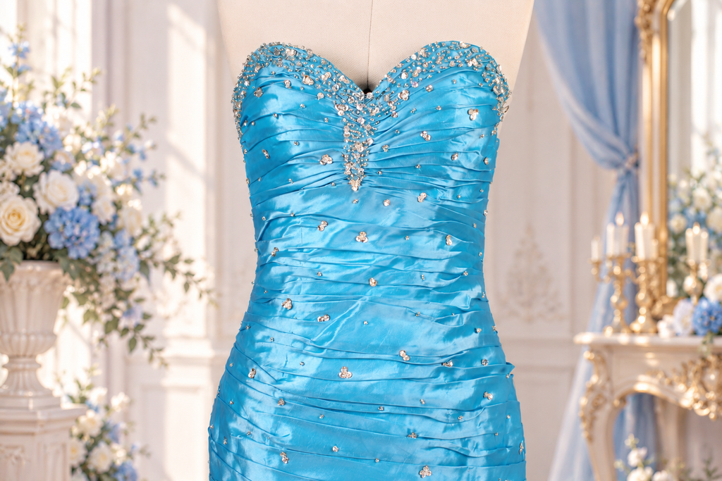 Aqua Blue Crystal Mermaid Prom Dress – Strapless Sweetheart Evening Gown