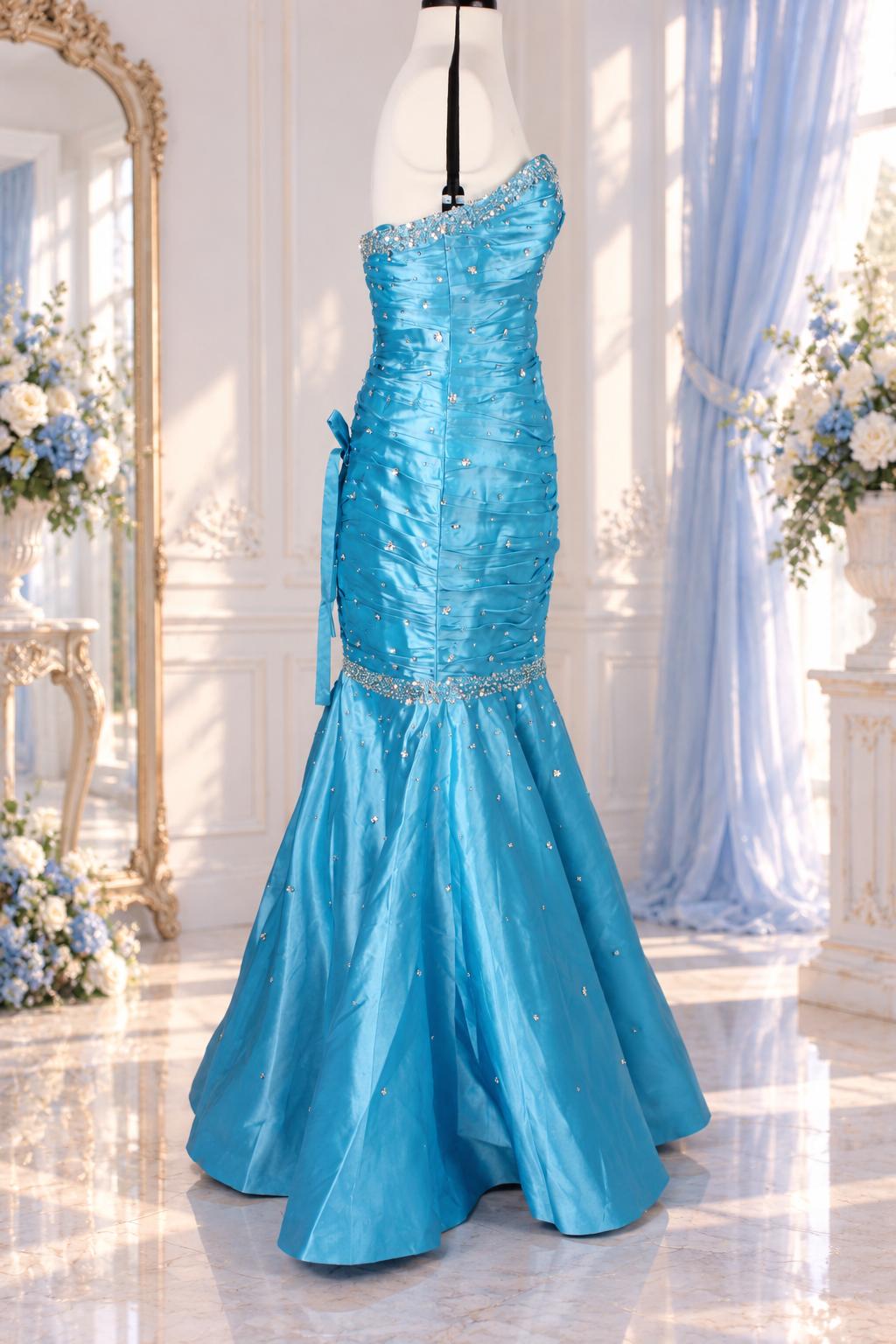 Aqua Blue Crystal Mermaid Prom Dress – Strapless Sweetheart Evening Gown