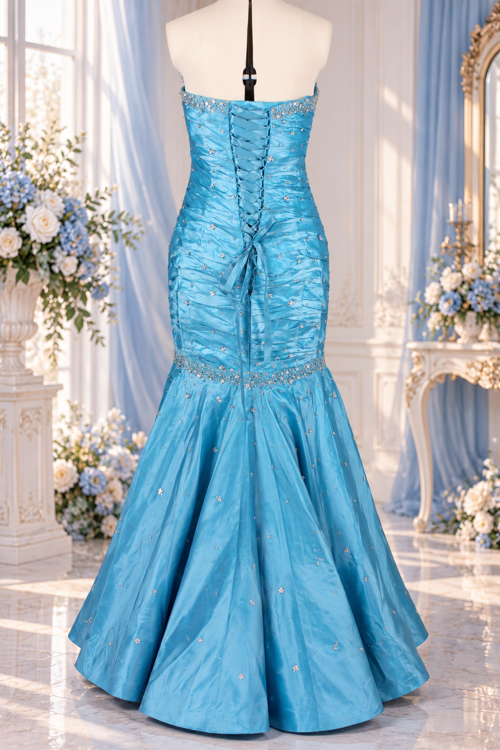 Aqua Blue Crystal Mermaid Prom Dress – Strapless Sweetheart Evening Gown