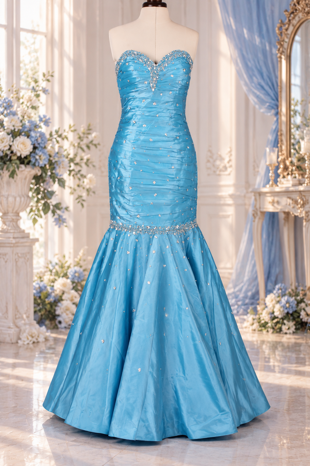 Aqua Blue Crystal Mermaid Prom Dress – Strapless Sweetheart Evening Gown