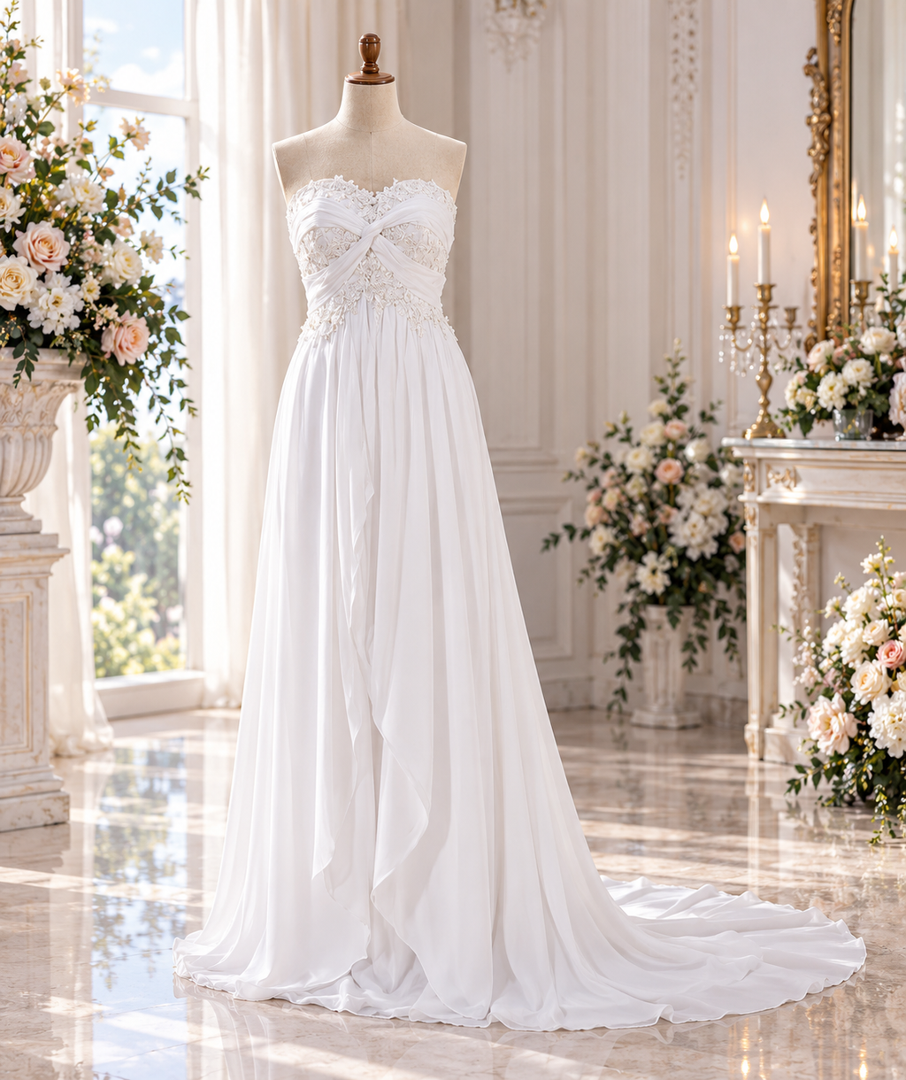 Romantic Ivory Chiffon Destination Wedding Dress with Lace Bodice