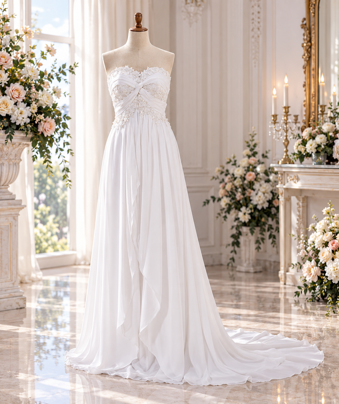 Romantic Ivory Chiffon Destination Wedding Dress with Lace Bodice