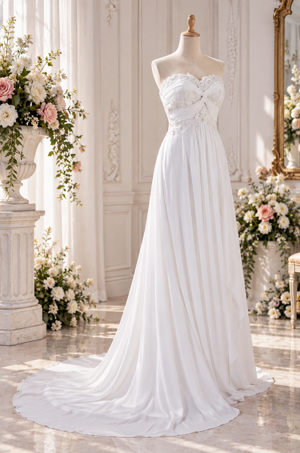 Romantic Ivory Chiffon Destination Wedding Dress with Lace Bodice