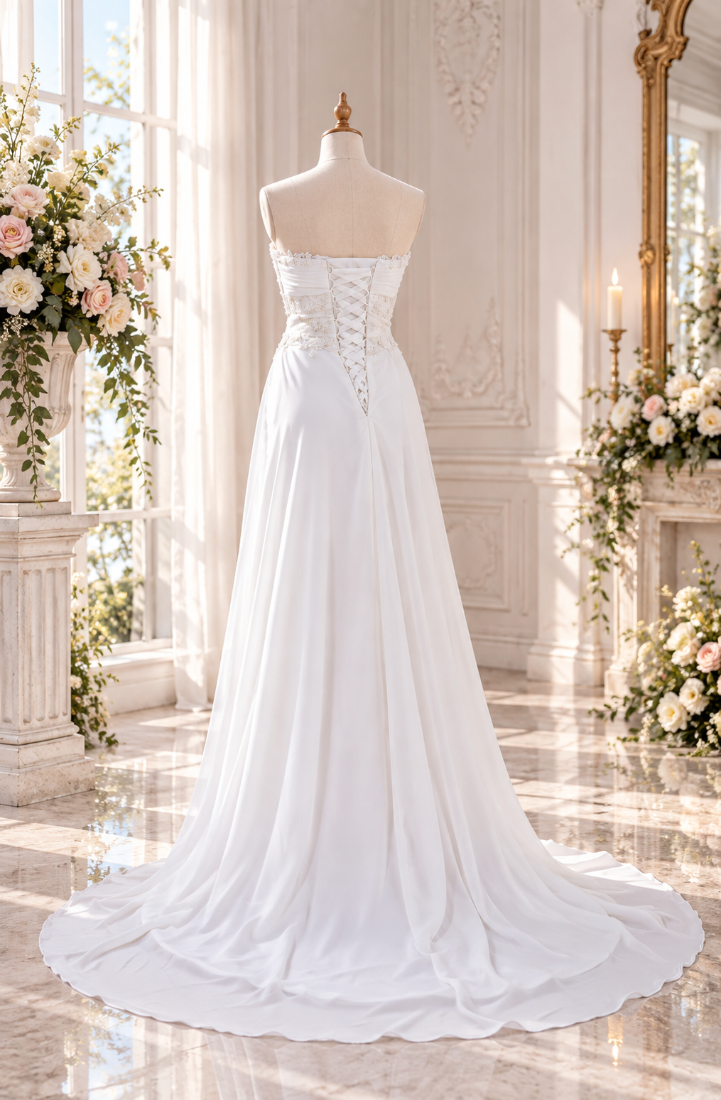 Romantic Ivory Chiffon Destination Wedding Dress with Lace Bodice