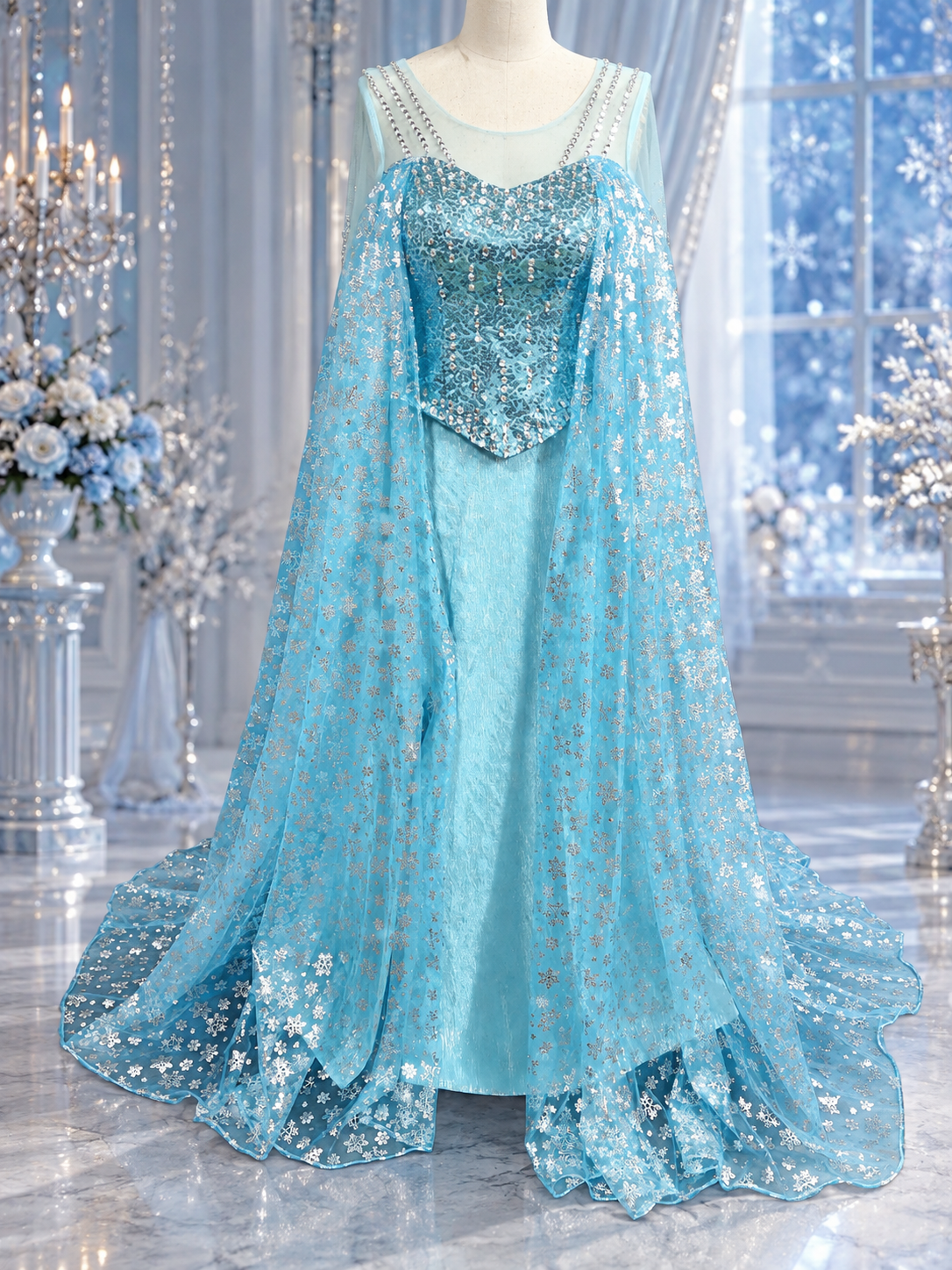 Ice Queen Inspired Gown with Snowflake Cape Elsa Inspired
