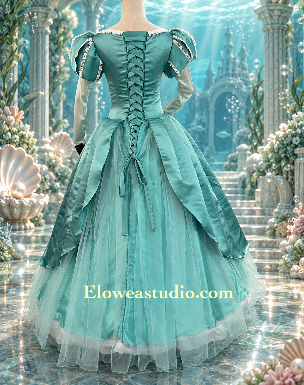 Seafoam Princess Satin &amp; Tulle Gown Green Ariel Inspired